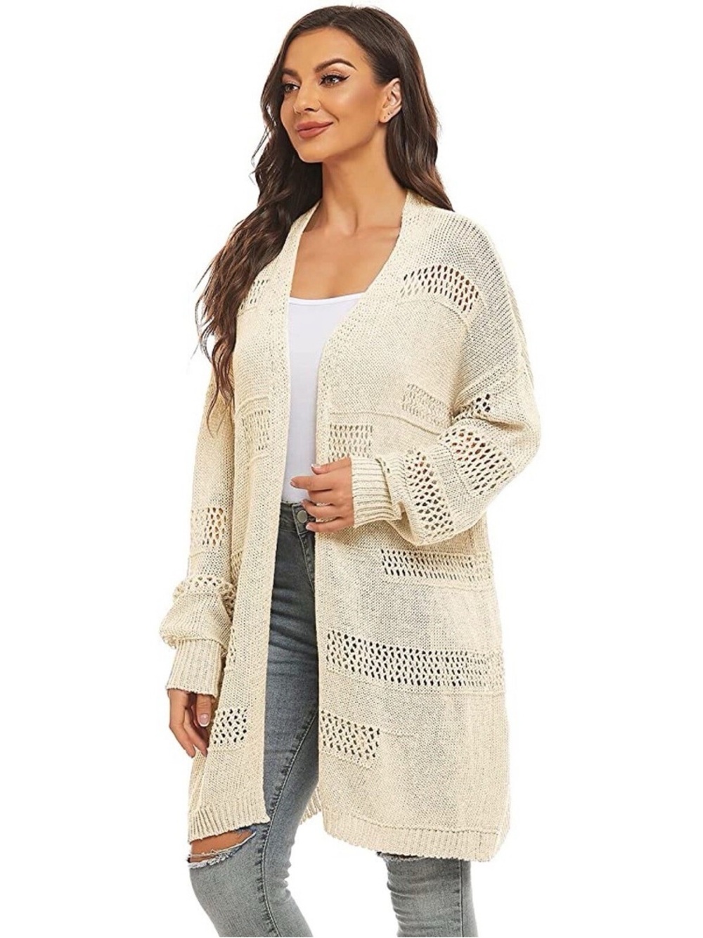 Open-Front Cream Knit Cardigan Sweater